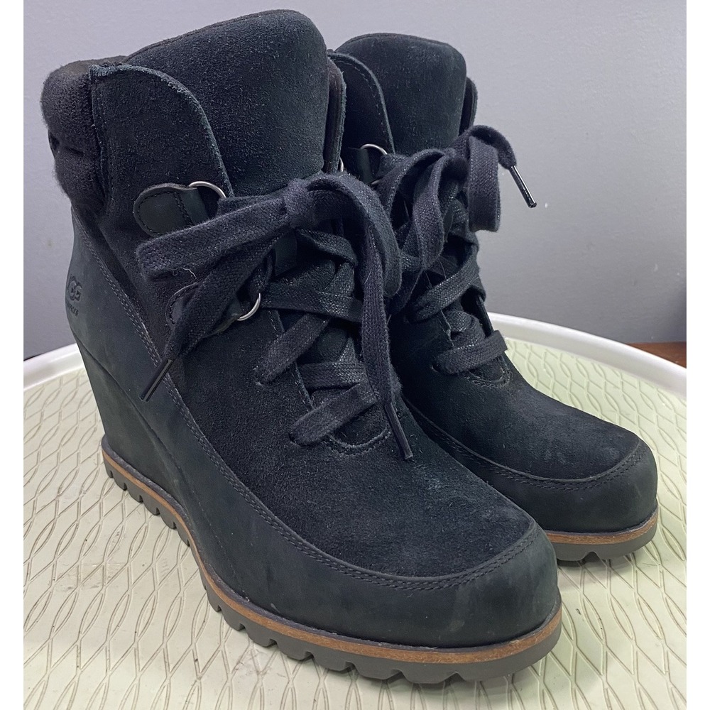 UGG Valory Women Black Suede & Leather Waterproof Wedge Lace up Ankle Booties 7
